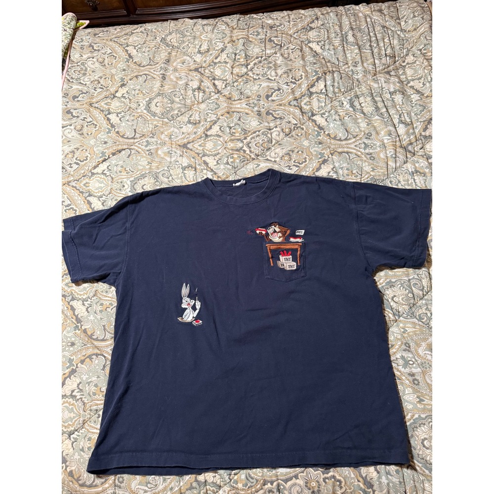 Vintage Looney Tunes Bugs Bunny Taz Embroidered Pocket T-Shirt Navy Blue XL